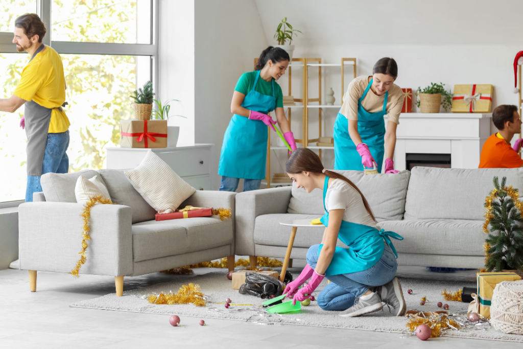 A bright, modern living room is shown in the middle of a post-celebration cleanup. Several people in aprons and pink gloves work together to clear away gold tinsel, ornaments, and wrapping paper, restoring the space to a clean, fresh, and welcoming atmosphere.